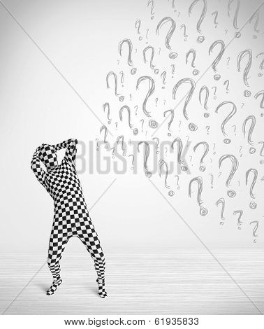 3d human character is body suit morphsuit looking at hand drawn question marks