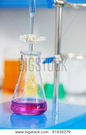 Pharmacy and chemistry theme. Test glass flask with solution in research laboratory
