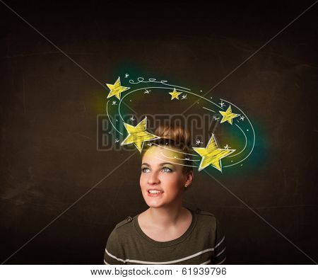 Young girl with yellow stars circleing around her head illustration