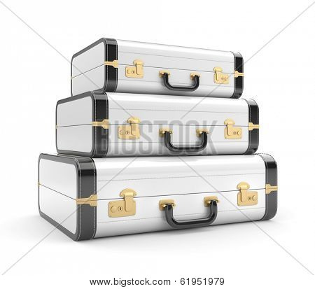 Three white vintage suitcase