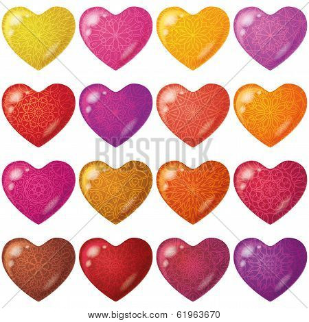 Valentine red hearts with pattern, set