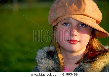 Portrait of a young girl wearing suede hat on green background