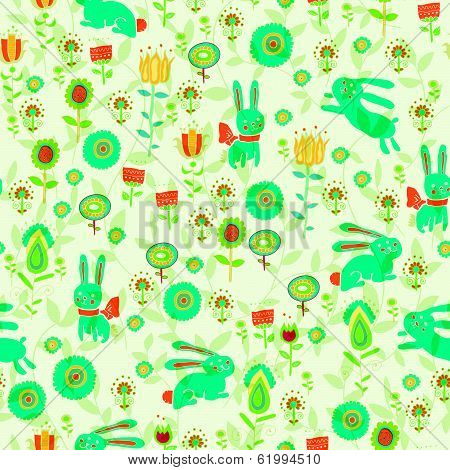 Drawn cartoon animals and flowers.