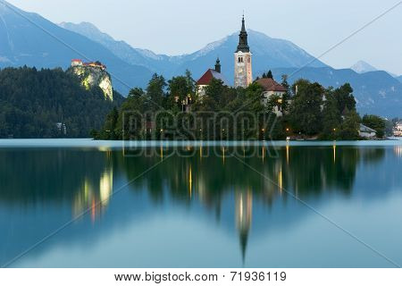 Bled Island and Bled Castle at dusk, Bled, Slovenia