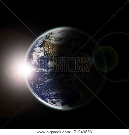 Earth Seen From Space At Sun Dawn And Stars