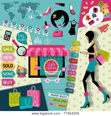 Set of Flat design vector illustration concepts icons and fashion symbols of online woman shopping a