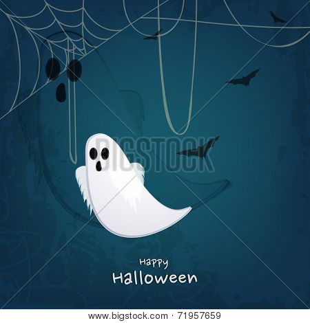 Hypothetical traditional ghost and bats flying on grungy spider web blue background for Happy Halloween party.