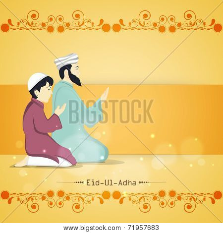 Religious young Muslim man with his son praying (Namaz, Islamic Prayer) on floral design decorated yellow background for Muslim community festival Eid-Ul-Adha celebrations. 