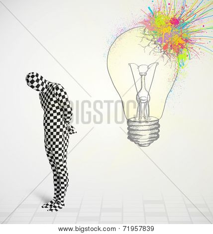 3d human character is body suit morphsuit looking at abstract colorful lightbulb