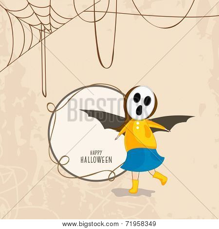 Trick or Treat party concept with little girl in skull mask and bat wings on spider web background and space for your text.