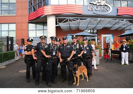 NYPD transit bureau K-9 police officers and K-9 dog providing security at National Tennis Center