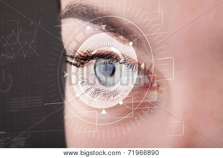 Modern cyber girl with technolgy eye looking