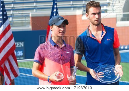 US Open 2014 boys junior champion Omar Jasika from Australia (left) and finalist Quentin Halys