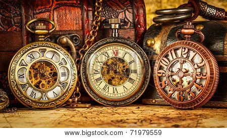 Vintage Antique pocket watch. Vintage grunge still life.