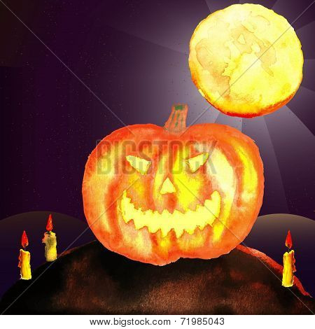 Watercolor illustration of moon, pumpkin and candles. Halloween