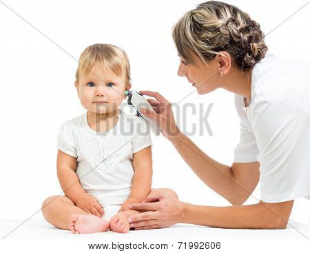 Doctor Measuring  Temperature Cute Baby Girl Isolated On White Background