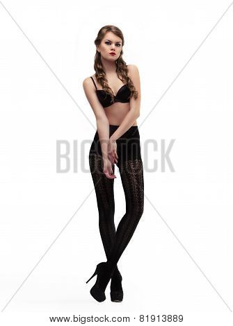 Sexy Girl In Black Pantyhose  And Bra