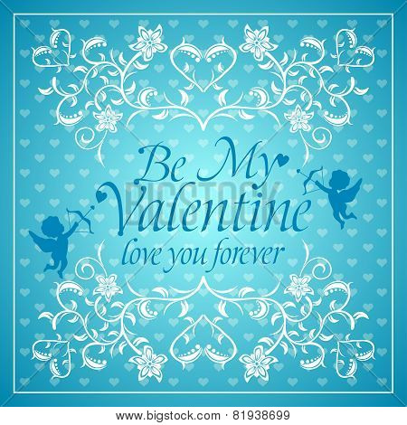 Blue Valentines Day Background With Cupid