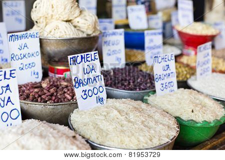 Traditional food market in Zanzibar in Africa.