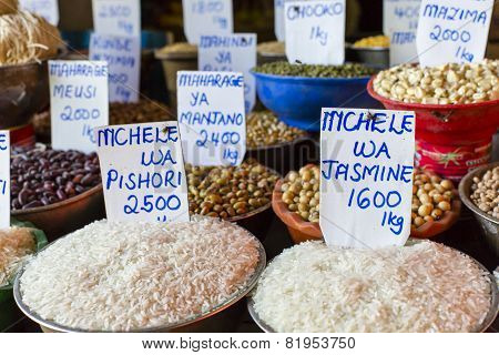 Traditional food market in Zanzibar in Africa.