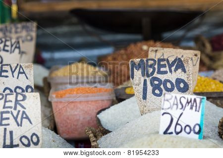 Traditional food market in Zanzibar in Africa.