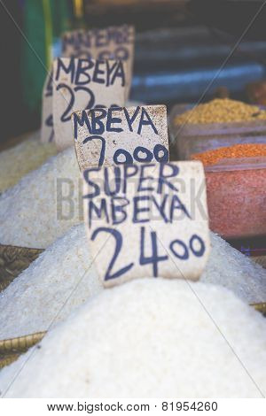 Traditional food market in Zanzibar in Africa.