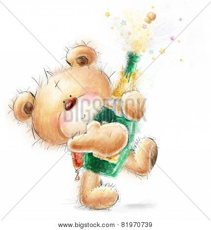 Cute Teddy Bear with the bottle of close -up champagne.Party invitation.Happy Birthday greeting card