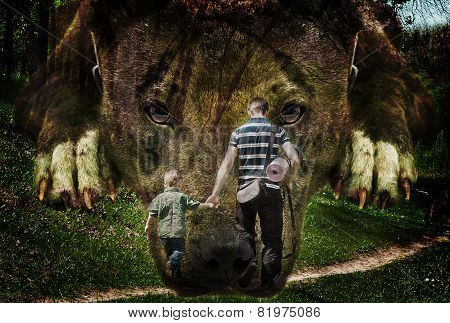 Portrait double exposure of a dog be bored walks with owners