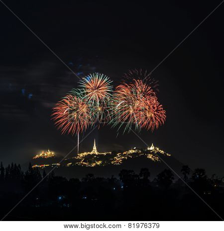 Colorful Firework Over Temple On Hill, Thailand