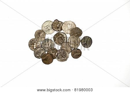 Ancient Bactrian Bronze Coins On White Background