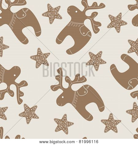 Pattern With Christmas Reindeer And Star Cookies