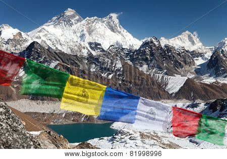 View Of Mount Everest With Buddhist Prayer Flags