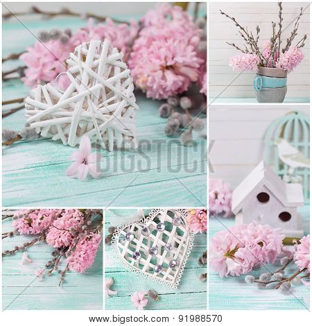 Collage From Photos With Hyacynths, Willow Flowers And Heart