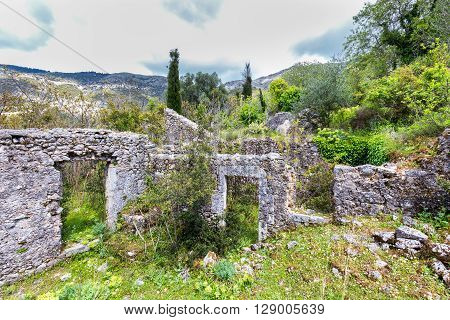 Old historic walls as ruins in landscape of Kegfalonia Greece