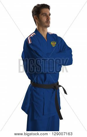 Russian judo fighter on a white background