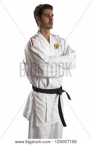 Russian judo fighter on a white background
