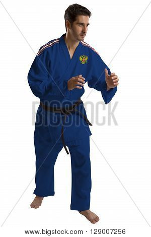 Russian judo fighter on a white background