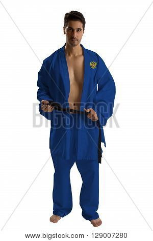 Russian judo fighter on a white background