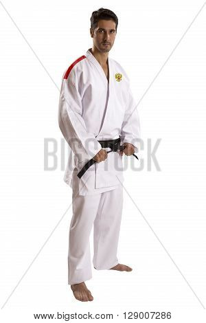 Russian judo fighter on a white background