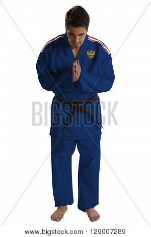Russian judo fighter on a white background