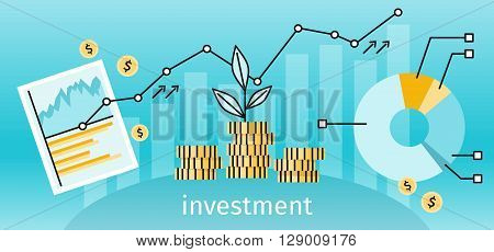 Finance investment concept banner. Graph or chart the growth of financial investment. Business Pie Chart increase in profits money. Metaphor sprout grew on a stack of gold coins. Vector illustration