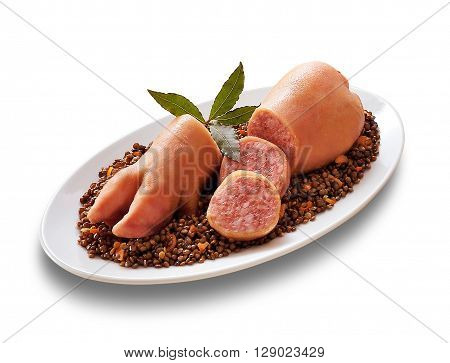 Stuffed pigs foot and lentils traditional Christmas dish