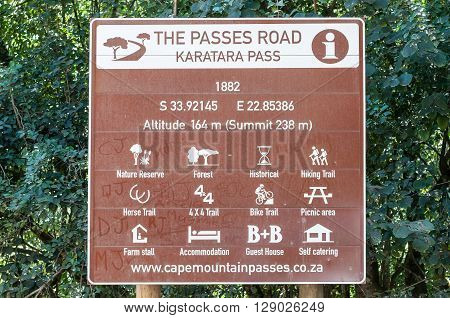 KARATARA SOUTH AFRICA - MARCH 4 2016: Information board of the historic Karatara Pass on the Seven Passes Road in the Garden Route built 1882