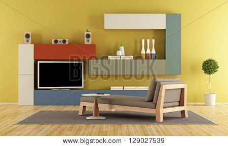 Contemporary Living Room With Colorful Wall Unit