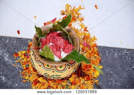 Mangal Kalas With Flowers And Tree Leafs