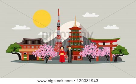 Japan symbols composition flat decorative background poster with kimono dress fuji mountain and sakura blossom abstract vector illustration