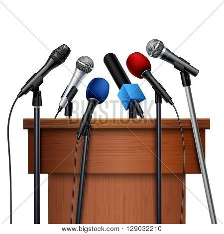 Different multicolored microphones near tribune prepared for conference meeting set on white background realistic vector illustration