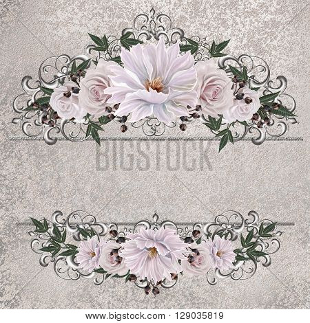 Bouquet colorful roses in a gold frame.Old style. Pastel shades. Floral background.