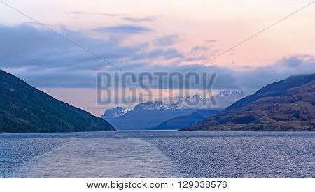 Evening Passage Through an Ocean Fjord in Tierra del Fuego
