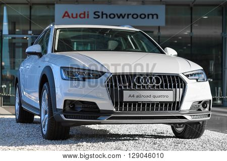 MUNICH, GERMANY - MAY 6, 2016: New contemporary model of 4WD crossover Audi A4 allroad quattro car with powerful diesel engine.